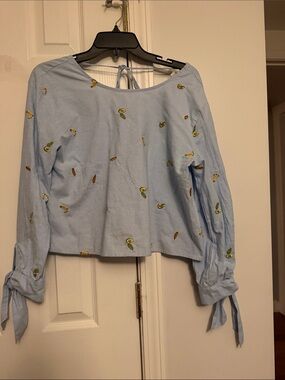 Rebellion Light Blue Embroidered Tie-Cuff Women’s Blouse